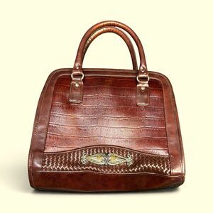 Vintage Marlo Brown Croc Satchel 100% Leather Bag Detachable Strap Magnetic Snap